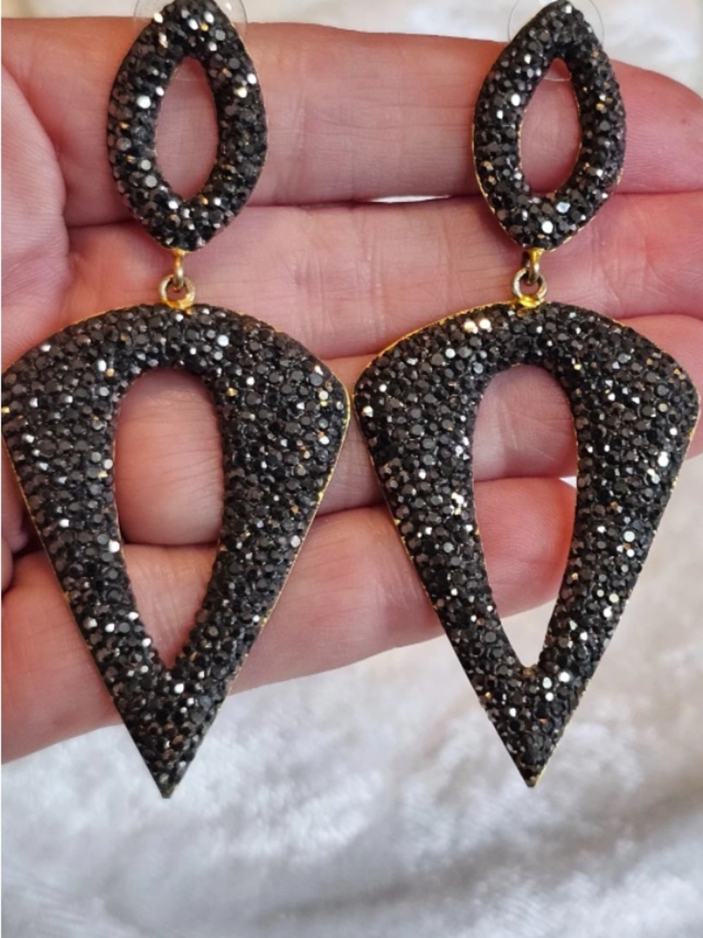Turkish 925 Sterling Silver Gold Plated Vintage Black Druzy Drop Earrings 3”